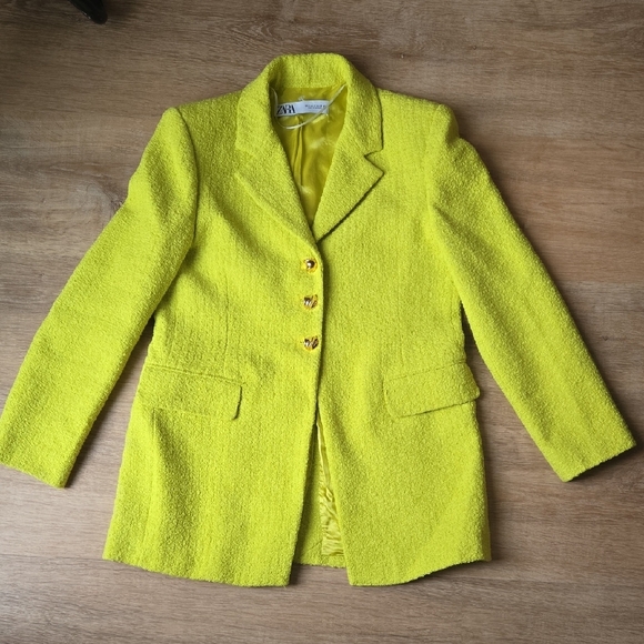 ZARA LIME TWEED BOUCLE YELLOW JACKET BLAZER SIZE M - Picture 4 of 12